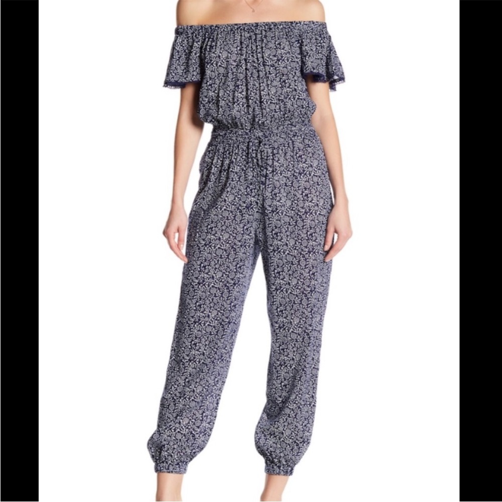 Rebecca Taylor Off the Shoulder Ruffle Jumpsuit Size 10 Boho Chic Blue